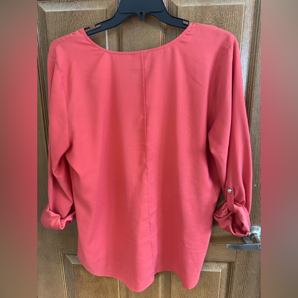 Ann Taylor XL Coral Pink V-Neck Roll Tab Sleeve Blouse - Picture 2 of 4